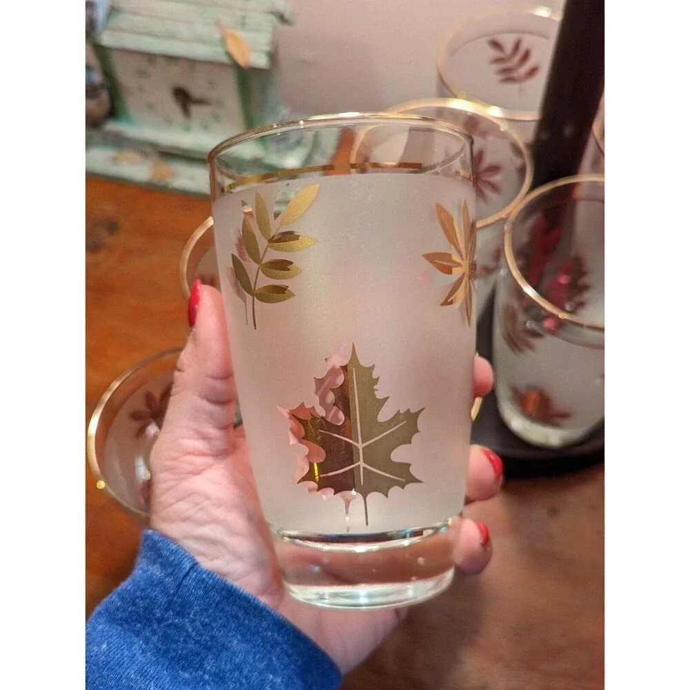 Vintage‎ MCM Gold Leaf Libbey Frosted Tumblers Set of 4 Cocktail Glasses